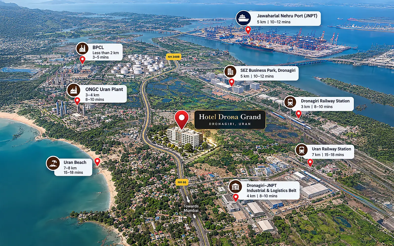 Hotel Drona Grand location map showing nearby business and industrial destinations